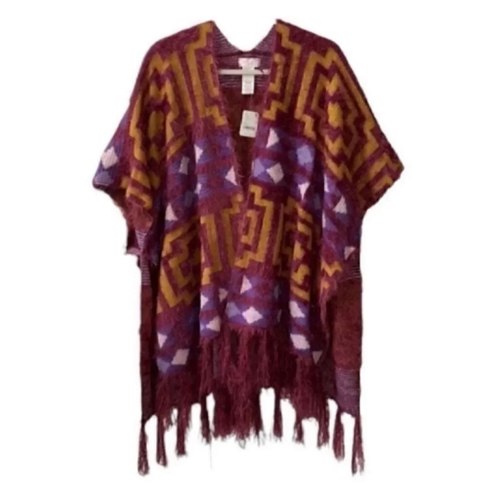 Free People Sweater Soft Knit Fringed Wine Gold Kimono (Size OS)